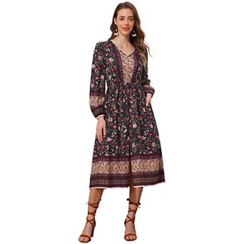 Floral Dress for Women's Long Sleeve V Neck Elastic Waist Split A-Line Summer Midi Dresses
