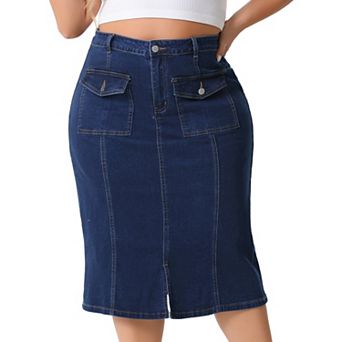 Plus Size Denim Skirt for Women Basic High Waist Ripped Hem Pockets Jeans Skirts