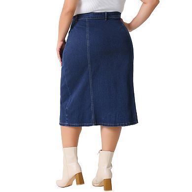 Plus Size Denim Skirt for Women Basic High Waist Ripped Hem Pockets Jeans Skirts