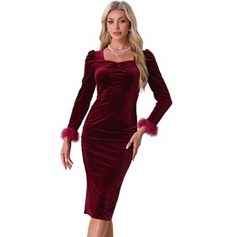 Velvet Long Sleeve Dress for Women's Square Neck Puffy Long Sleeve Wedding Guest Midi Dresses