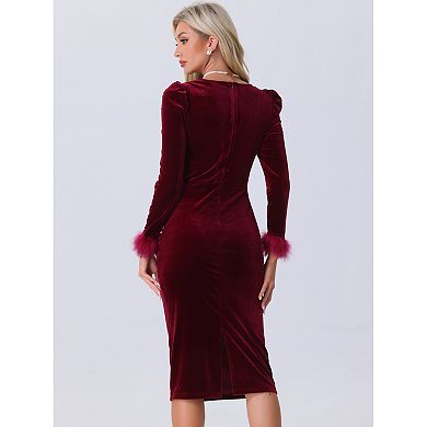 Velvet Long Sleeve Dress for Women's Square Neck Puffy Long Sleeve Wedding Guest Midi Dresses
