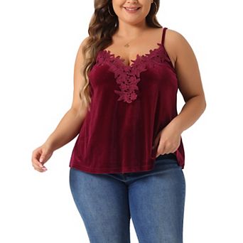 Plus Size Tank Tops for Women V Neck Lace Floral Panel Spaghetti Strap Cami Velvet Tank Tops