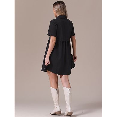 Women's Denim Dress Babydoll Collared Short Sleeve Button Down Jean Shirt Dresses