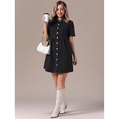 Women's Denim Dress Babydoll Collared Short Sleeve Button Down Jean Shirt Dresses
