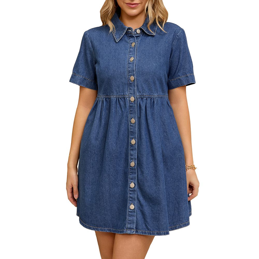 Short Sleeve Button Down Denim Mini Dress w/ Pockets