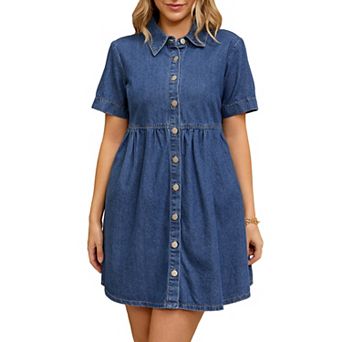 Women's Denim Dress Babydoll Collared Short Sleeve Button Down Jean Shirt Dresses