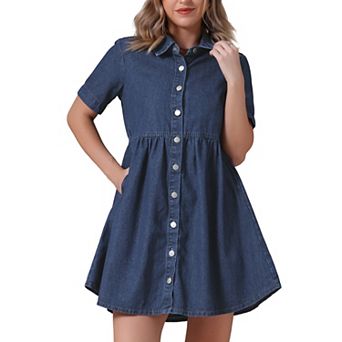 Women's Denim Dress Babydoll Collared Short Sleeve Button Down Jean Shirt Dresses