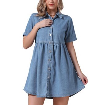 Women's Denim Dress Babydoll Collared Short Sleeve Button Down Jean Shirt Dresses
