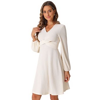 A-Line Long Sleeve Dress for Women's Criss Cross Textured V Neck Dress