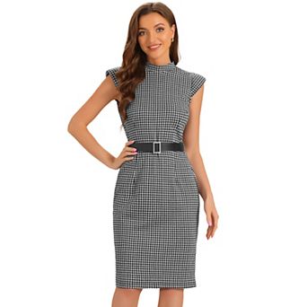 Vintage Business Dress for Women's Cap Sleeve Houndstooth Pencil Dress with Belt