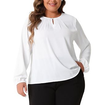 Plus Size Tops for Women Crew Neck Pleated Curved Keyhole Long Sleeve Chiffon Work Blouses