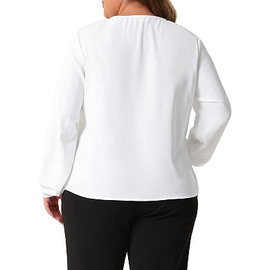 Plus Size Tops for Women Crew Neck Pleated Curved Keyhole Long Sleeve Chiffon Work Blouses