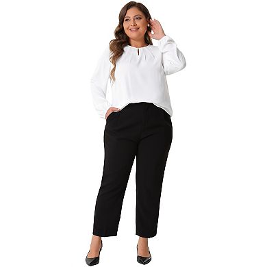 Plus Size Tops for Women Crew Neck Pleated Curved Keyhole Long Sleeve Chiffon Work Blouses