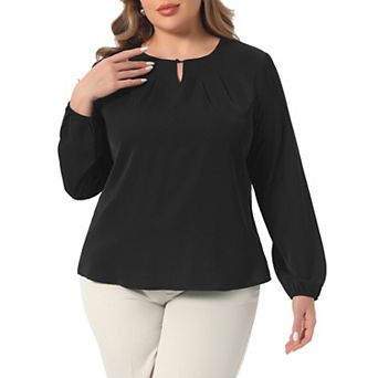 Plus Size Tops for Women Crew Neck Pleated Curved Keyhole Long Sleeve Chiffon Work Blouses