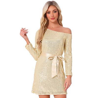 Women's Sequin Dress Long Sleeve One Shoulder Sparkly Glitter - Main Image