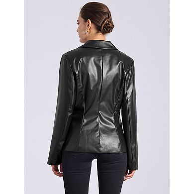 Women's Notched Lapel Faux Leather Blazer Double Breasted PU Work Formal Jackets