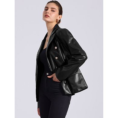 Women's Notched Lapel Faux Leather Blazer Double Breasted PU Work Formal Jackets