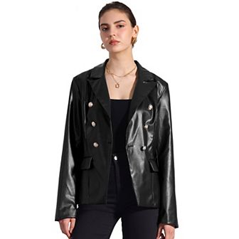 Women's Notched Lapel Faux Leather Blazer Double Breasted PU Work Formal Jackets