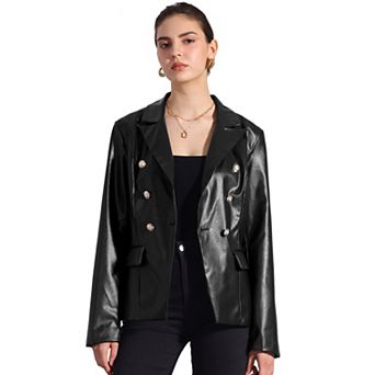 Women's Notched Lapel Faux Leather Blazer Double Breasted PU Work Formal Jackets