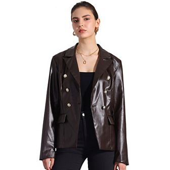 Women's Notched Lapel Faux Leather Blazer Double Breasted PU Work Formal Jackets