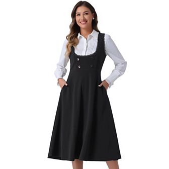 Vintage Pinafore Dress for Women's Lace Trim Button Decor Overalls Midi Dress with Pockets