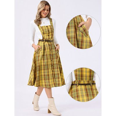 brown plaid overall dress Polagram by Wellmade USA Brown Plaid Flannel Jumper Dress