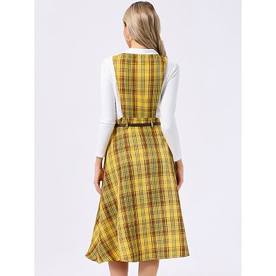Plaid Overall Dress for Women's Vintage Sleeveless A-Line Pinafore Dress