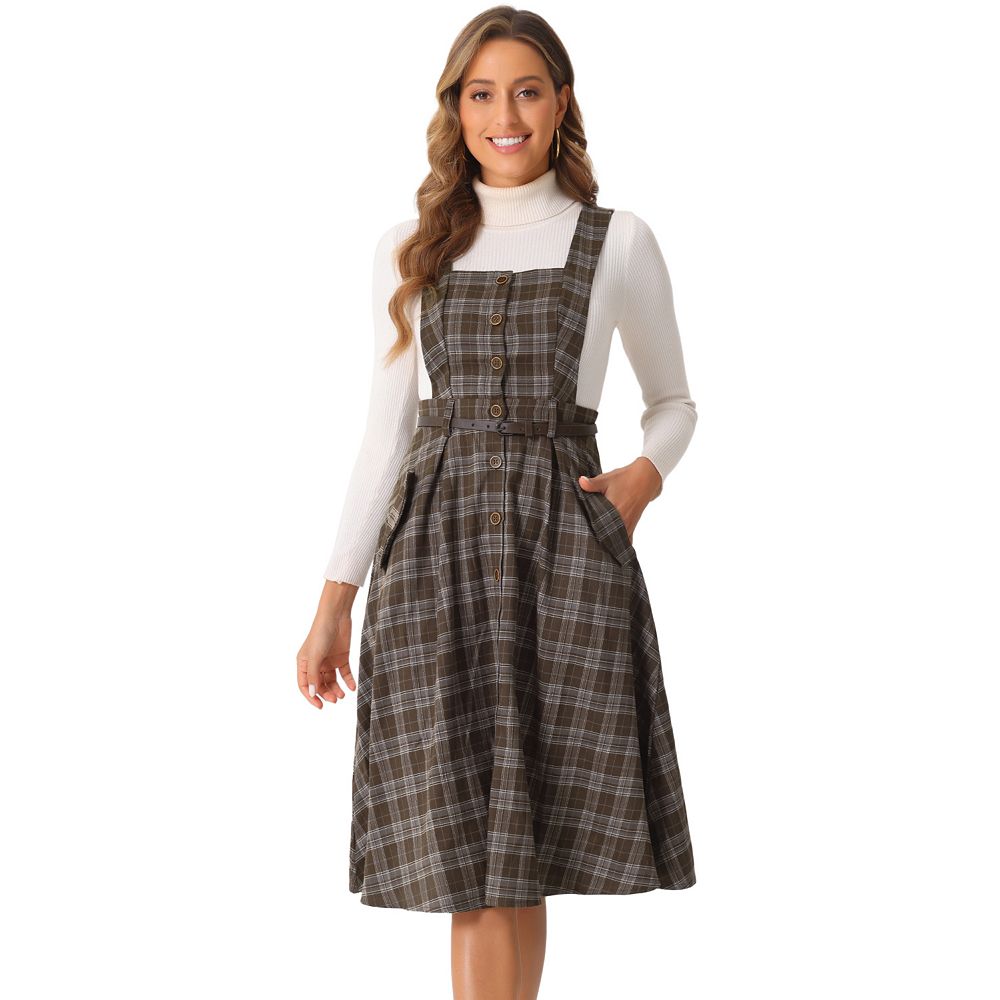 brown plaid overall dress Plaid Overall Dress for Women's Vintage Sleeveless A-Line Pinafore Dress