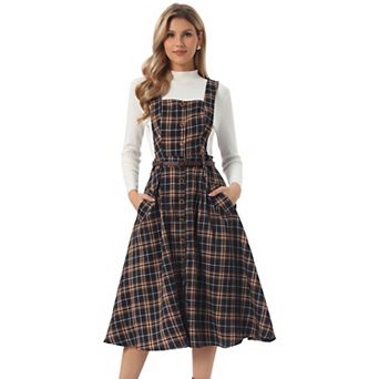 Plaid Overall Dress for Women's Vintage Sleeveless A-Line Pinafore Dress