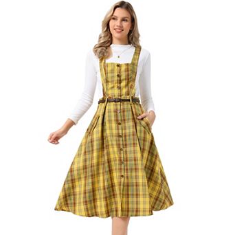 Plaid Overall Dress for Women's Vintage Sleeveless A-Line Pinafore Dress