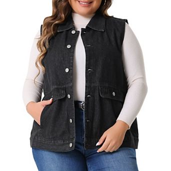 Women's Plus Size Denim Vest Oversized Button Down Sleeveless Waistcoat Shacket Jean Jacket