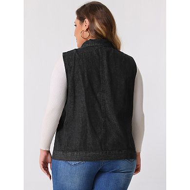 Women's Plus Size Denim Vest Oversized Button Down Sleeveless Waistcoat Shacket Jean Jacket
