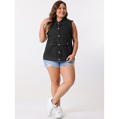 Women's Plus Size Denim Vest Oversized Button Down Sleeveless Waistcoat Shacket Jean Jacket