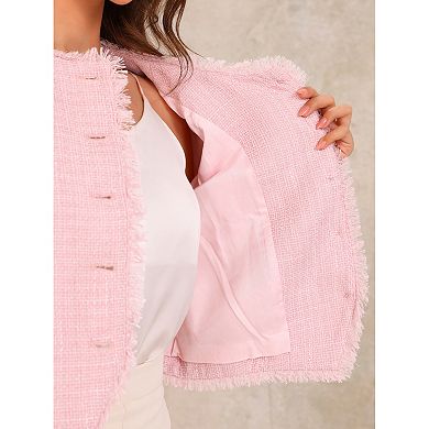 Plaid Tweed Jacket for Women's Crew Neck Cropped Button Up Elegant Work Jackets