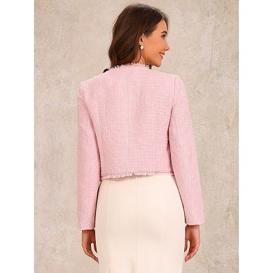 Plaid Tweed Jacket for Women's Crew Neck Cropped Button Up Elegant Work Jackets