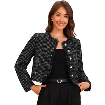 Plaid Tweed Jacket for Women's Crew Neck Cropped Button Up Elegant Work Jackets