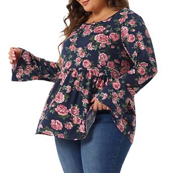 Plus Size Tops for Women Floral Bell Long Sleeve Crew Neck Shirt Peplum Babydoll Top
