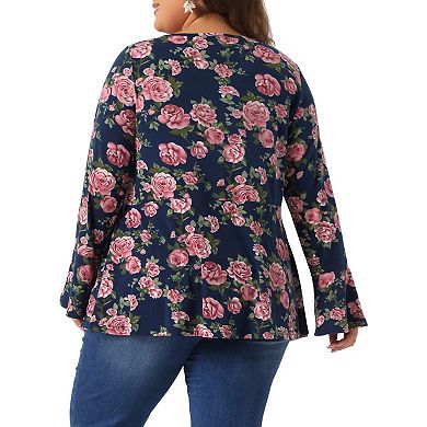Plus Size Tops for Women Floral Bell Long Sleeve Crew Neck Shirt Peplum Babydoll Top