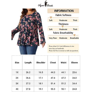 Plus Size Tops for Women Floral Bell Long Sleeve Crew Neck Shirt Peplum Babydoll Top