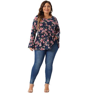 Plus Size Tops for Women Floral Bell Long Sleeve Crew Neck Shirt Peplum Babydoll Top