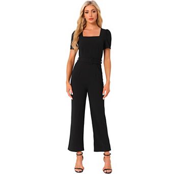 Work Jumpsuits for Women's Elegant Square Neck Puffy Short Sleeve Loose Wide Leg Romper