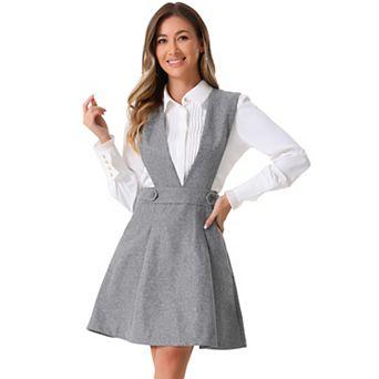 Women's Overalls Suspenders Skirt V Neck A-Line Above Knee Pinafore Dress