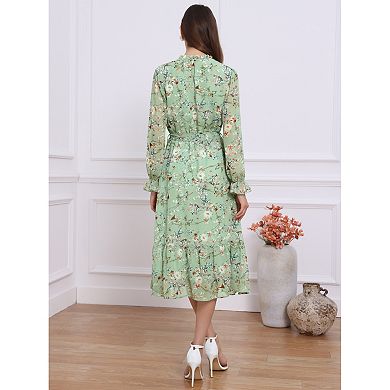 Floral Mock Neck Dress for Women's Long Sleeve Elastic Waist Flowy Chiffon Midi Dresses