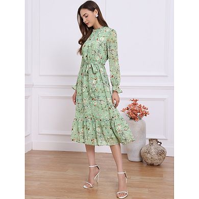 Floral Mock Neck Dress for Women's Long Sleeve Elastic Waist Flowy Chiffon Midi Dresses