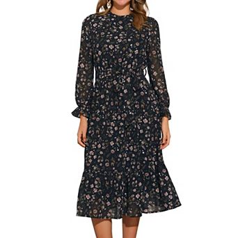 Floral Mock Neck Dress for Women's Long Sleeve Elastic Waist Flowy Chiffon Midi Dresses