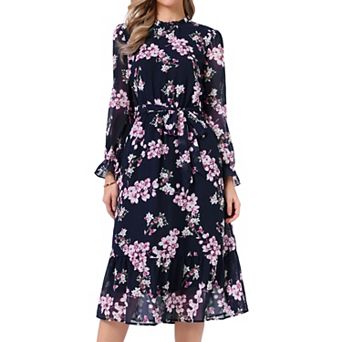 Floral Mock Neck Dress for Women's Long Sleeve Elastic Waist Flowy Chiffon Midi Dresses