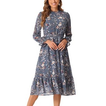 Floral Mock Neck Dress for Women's Long Sleeve Elastic Waist Flowy Chiffon Midi Dresses
