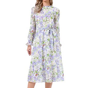 Floral Mock Neck Dress for Women's Long Sleeve Elastic Waist Flowy Chiffon Midi Dresses