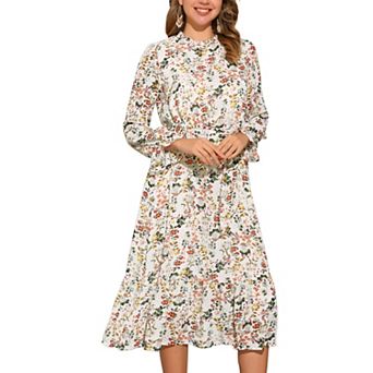 Floral Mock Neck Dress for Women's Long Sleeve Elastic Waist Flowy Chiffon Midi Dresses