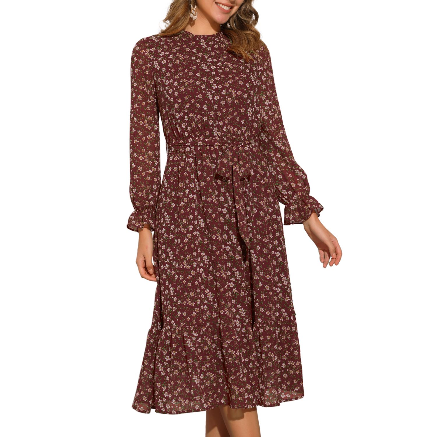 Женские платья Floral Mock Neck Dress for Long Sleeve Elastic Waist Flowy Chiffon Midi Dresses